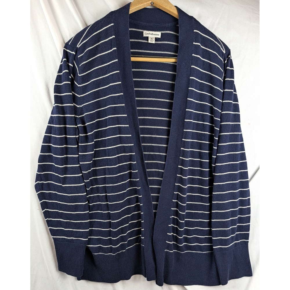Croft & Barrow Womens XL Navy Blue White Striped Open Front Cardigan Sweater